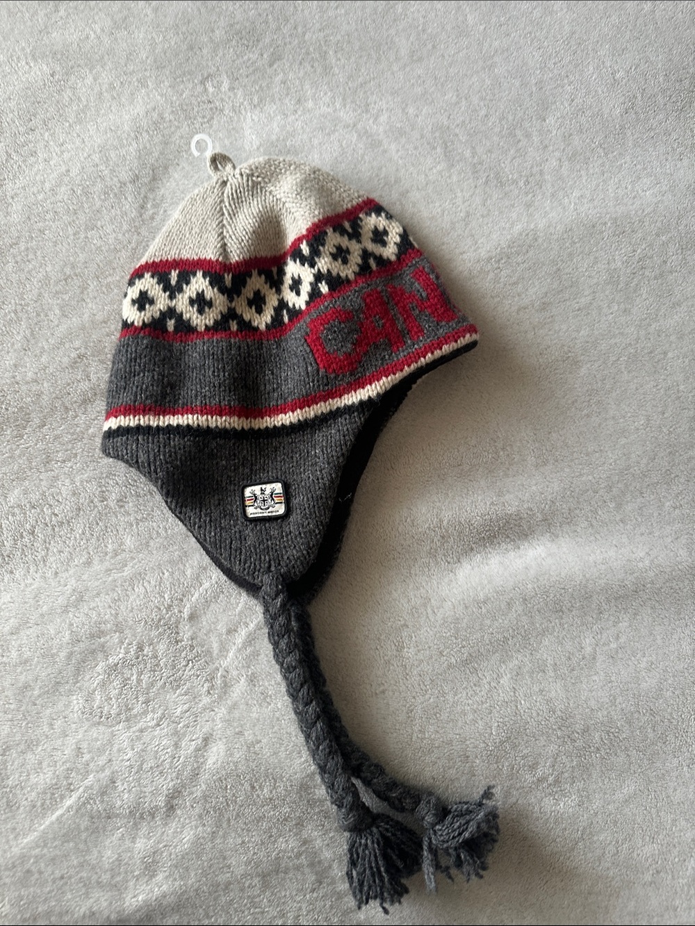 Canuck-Inspired Knit Earflap Hat in Gray, Cream & Red